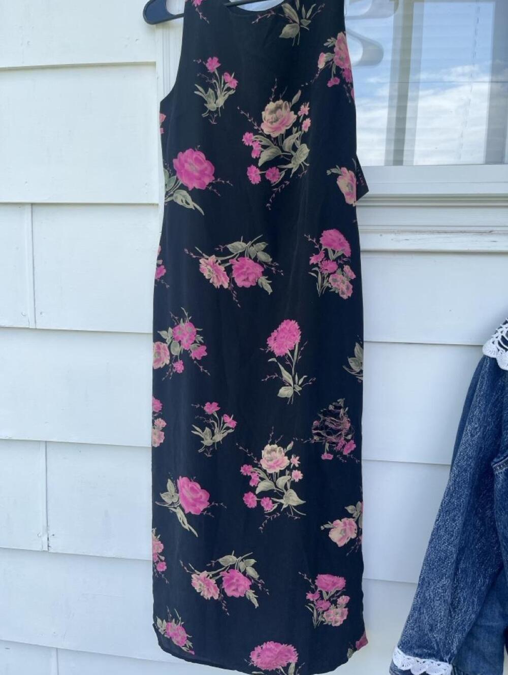 Vintage 90s 100% Silk Black Pink Floral Maxi Dress Size 4 Petite 🩷🖤